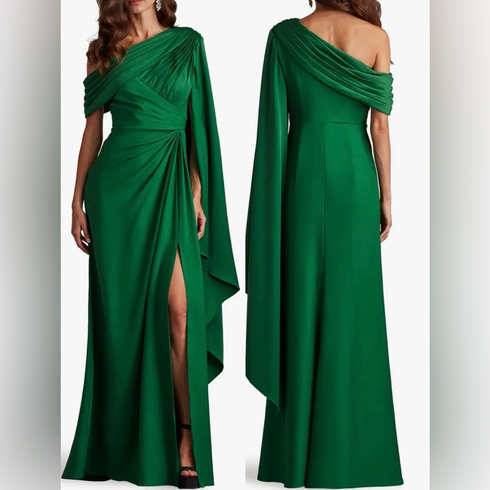 Tadashi Shoji Ember One Shoulder Scarf Sleeve Side Twist Crepe Sheath Gown 16
